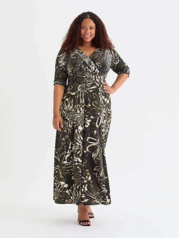 Act Now trendy wrap dressVerity Velvet Black Cream Gold Print Maxi Gown
