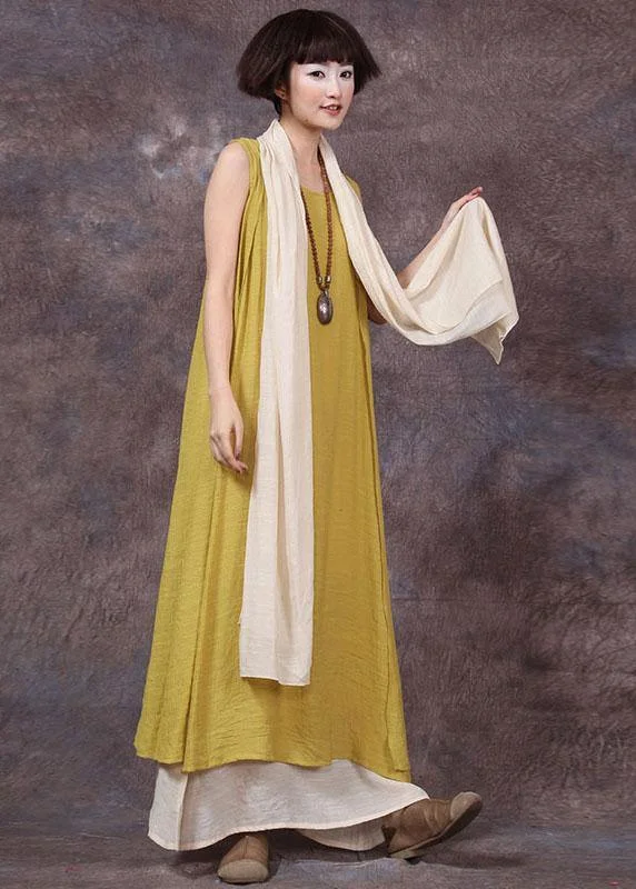 Final Sale flowy maxi dressLoose sleeveless linen clothes For Women Sewing yellow Dresses summer
