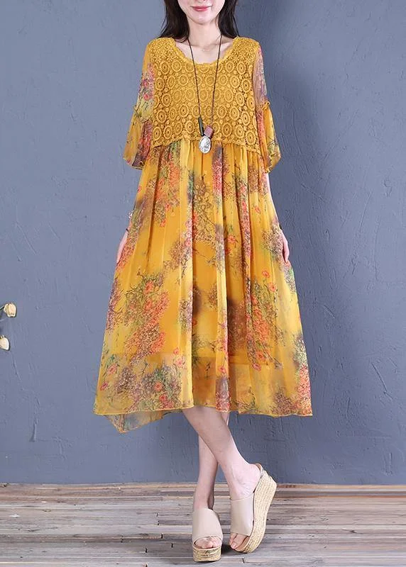 Super Deal elegant shift dressItalian o neck Butterfly Sleeve Cotton Fabrics yellow print Dress