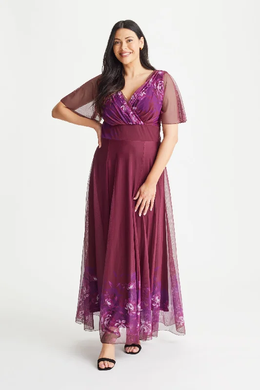 Blowout Deals knit dressIsabelle Magenta Border Floral Float Sleeve Maxi Dress