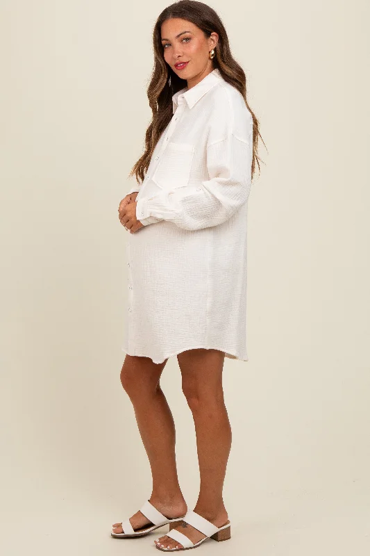 Stock Clearance puff sleeve dressWhite Rolled Cuff Maternity Button Down Dress