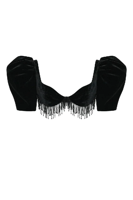 Online Only Velvet cropped fringed top with voluminous sleeves