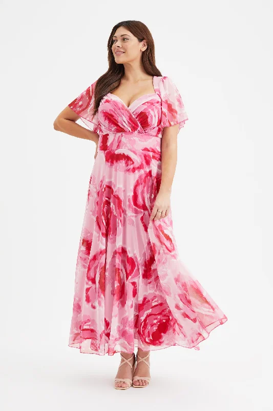 Price Reduction casual dressKemi Pink Rose Print Bolero Wrap Bodice Maxi Gown