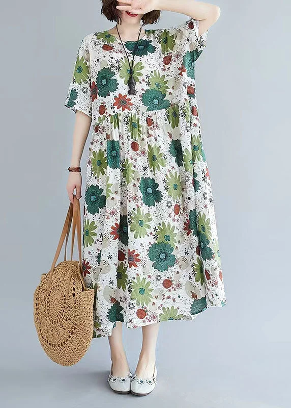Extra Savings mini dressFrench Green print linen clothes For Women Omychic Inspiration o neck pockets Maxi Summer Dress