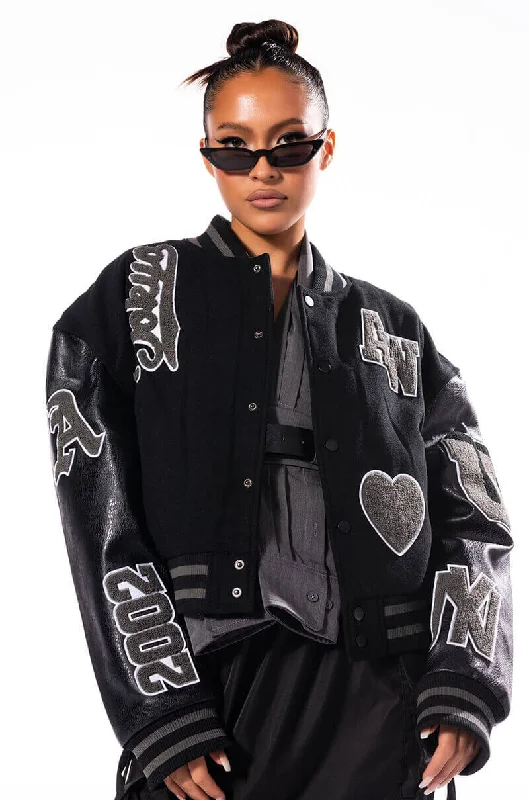 Don't Wait vintage trench coatRUELA BLACK OUT OVERSIZED VARSITY BOMBER
