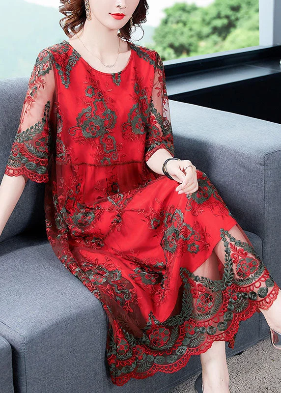 Price Break layered dressElegant Red O-Neck Embroideried Tulle Vacation Dress Half Sleeve