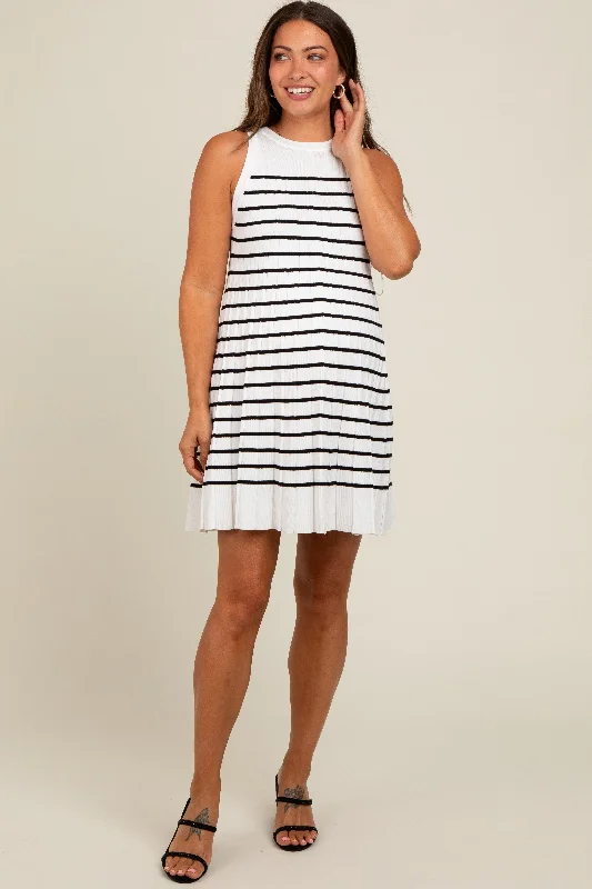 Big Discounts elegant dressCream Striped Sleeveless Pleated Maternity Mini Dress