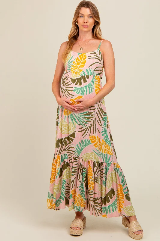 One-DAY Sale pleated dressPink Tropical Print Maternity Maxi Dress