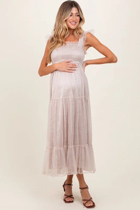 Price Meltdown ruffle dressBeige Mesh Overlay Smocked Maternity Midi Dress