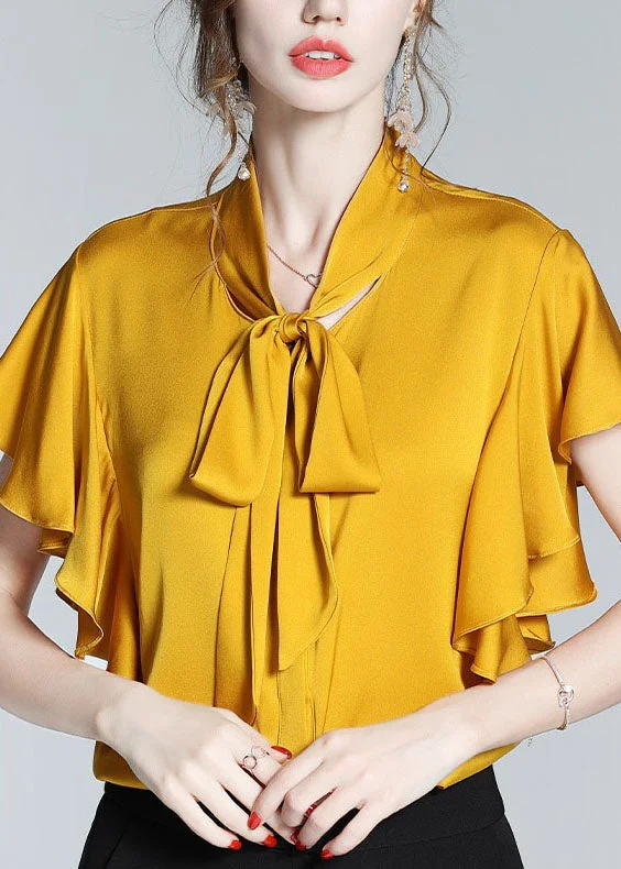 Lowest Price New Yellow Bow Ruffled Patchwork Silk Shirt Tops Summer LY0116