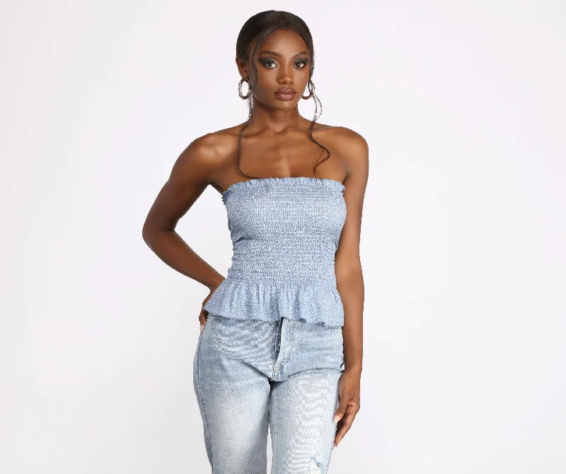 Extra Savings Ditsy Print Smocked Peplum Tube Top