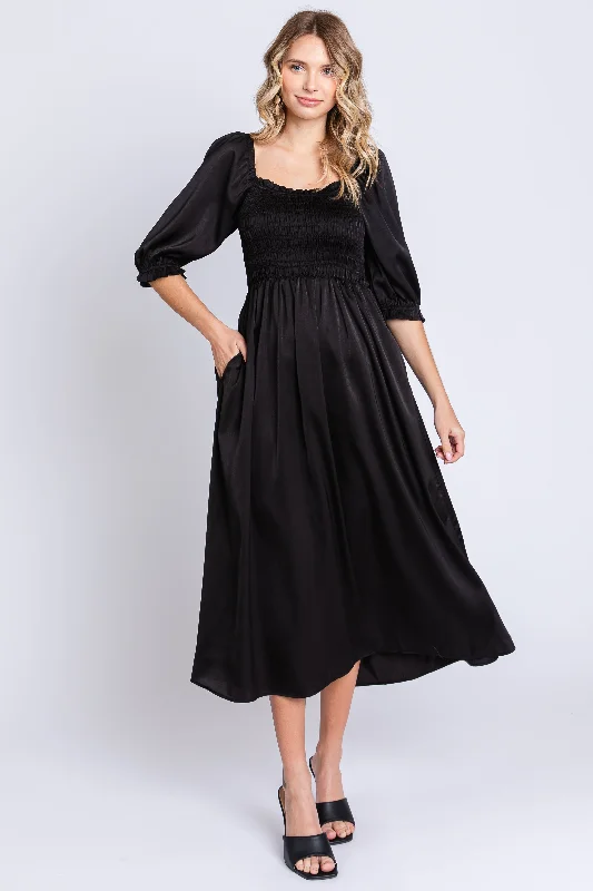Today's Special boho dressBlack Satin Smocked Midi Dress