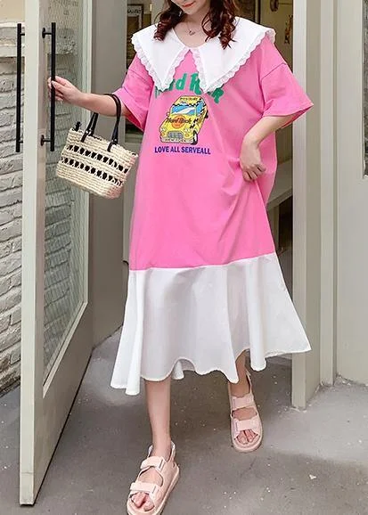 Loyalty Reward off-the-shoulder dressHandmade pink Cartoon print tunics for women Ruffled patchwork Dress
