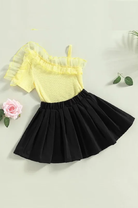 Friends and Family Sale Kids Girls Sweet Skirt Set Short Sleeve Patchwork Tops Elastic Waist Pleated Skirt