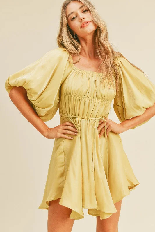 Overstock statement dressYellow Metallic Bubble Sleeve Flared Mini Dress
