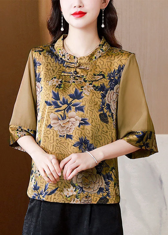 Closeout Modern Yellow Stand Collar Print Patchwork Button Silk Top Summer LY0470