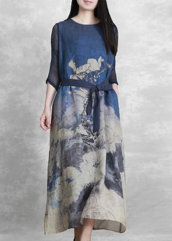 Today’s Special cocktail party dressBohemian blue print clothes For Women o neck tie waist Maxi Dresses