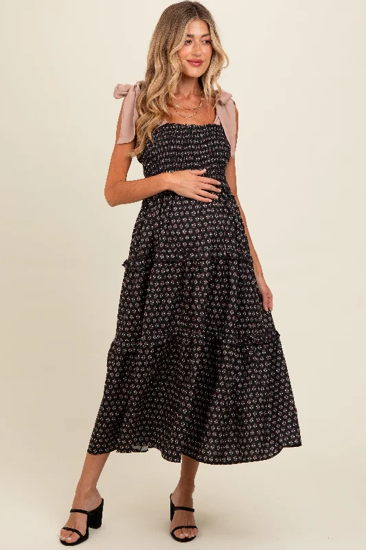 Lowest Price trendy mini dressBlack Floral Print Contrast Shoulder Tie Tiered Maternity Midi Dress