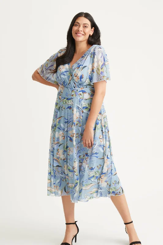 Limited Quantity elegant maxi dressVictoria Smoke Blue Angel Sleeve Mesh Long Midi Dress