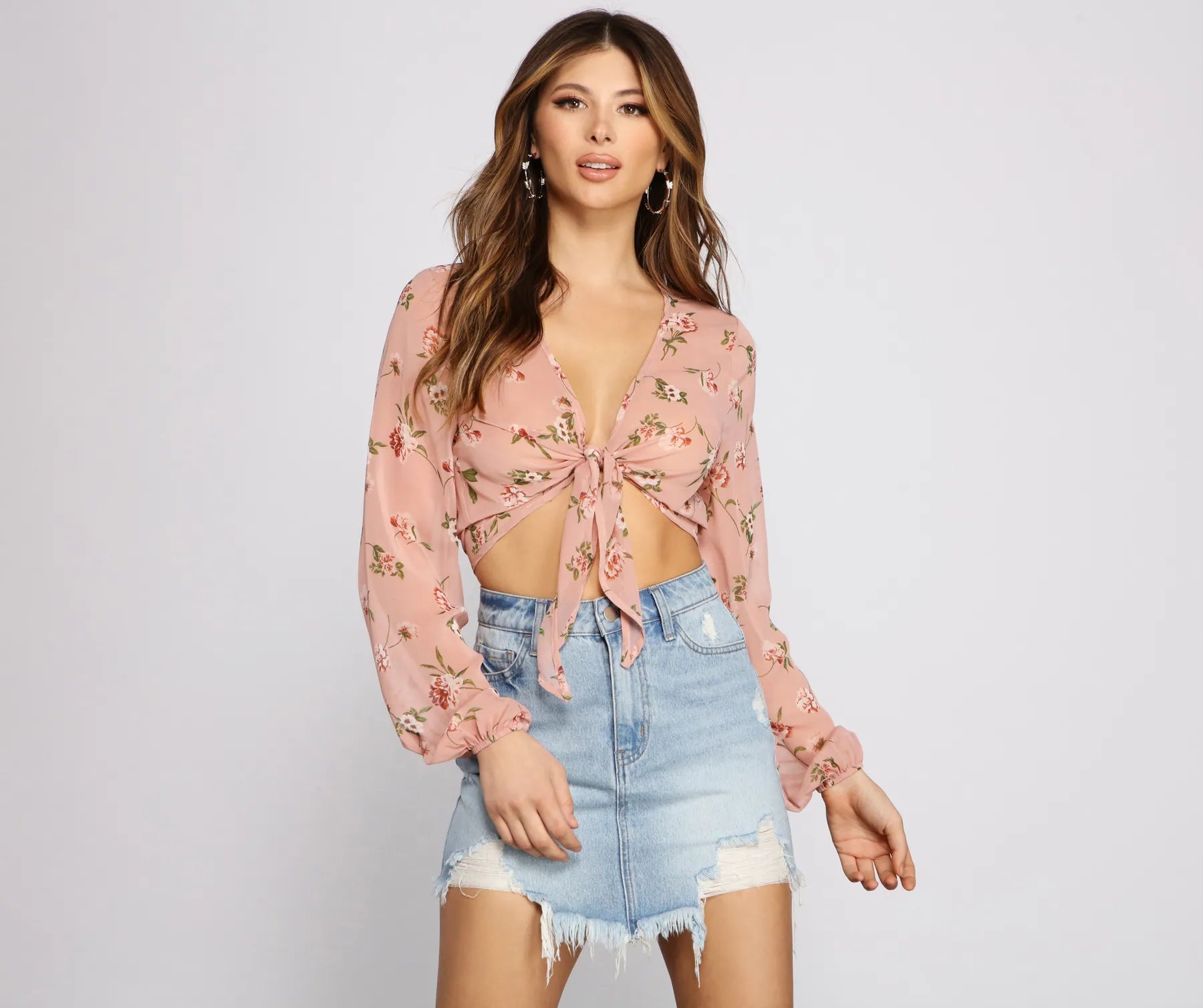 Markdowns Stunning Beauty Floral Chiffon Tie-Front Top