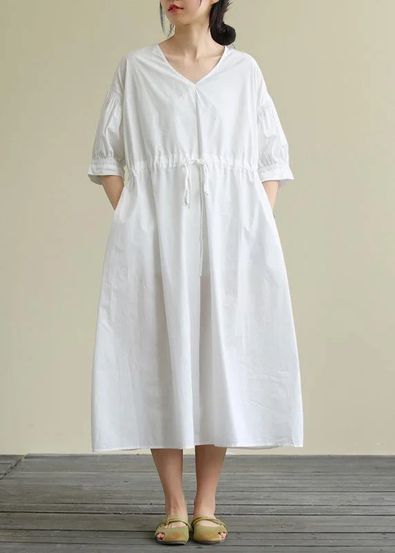 Price Drop Alert A-line dress100% white cotton tunic pattern v neck drawstring Maxi Dress