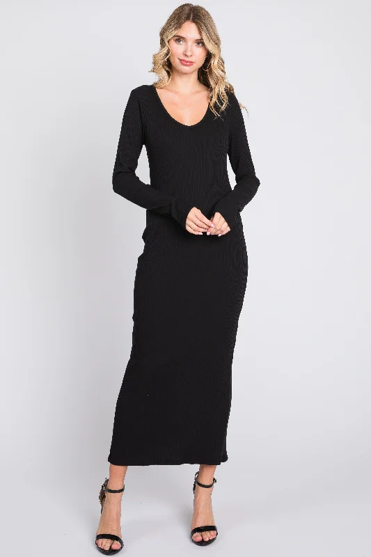Instant Savings oversized dressBlack Ribbed Long Sleeve Maxi Dress