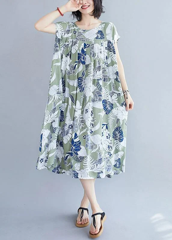 Big Discounts fitted dressOrganic green print clothes o neck pockets cotton summer Dresses