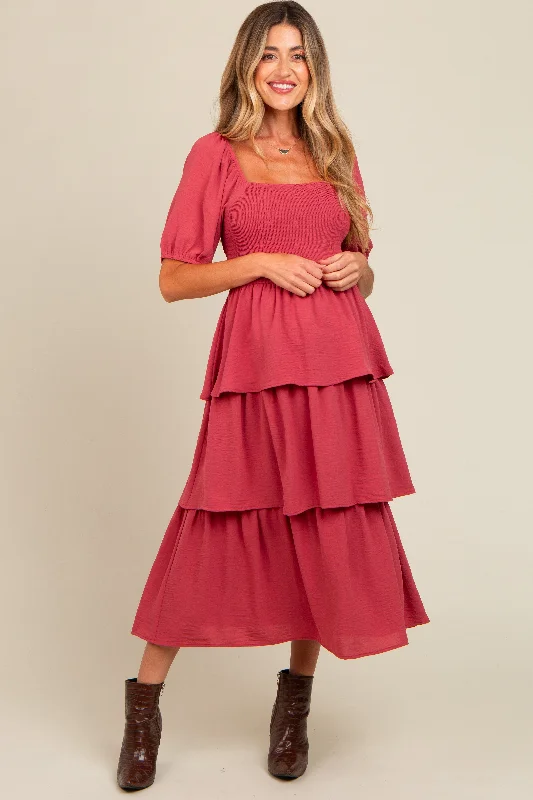 Stock Up and Save casual slip dressMagenta Smocked Body Ruffled Tiered Maternity Midi Dress