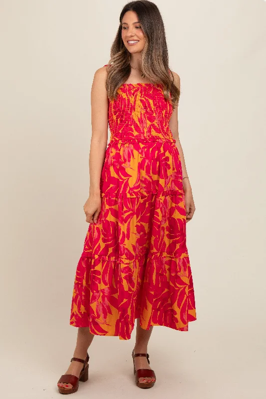 Low Prices minimalistic dressCoral Tropical Smocked Ruffle Tiered Maternity Midi Dress