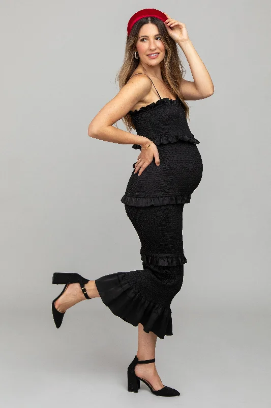Extra Discounts stylish party dressBlack Satin Smocked Fitted Maternity Midi Dress