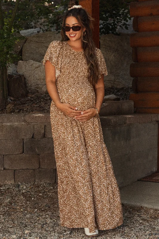 Weekend Special bohemian dressCamel Floral Smocked Flutter Sleeve Maternity Maxi Dress