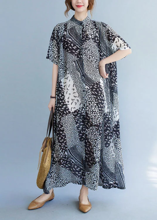Markdowns flowy maxi dressClassy Black Stand Collar Exra Large Hem Print Shirt Dress Short Sleeve