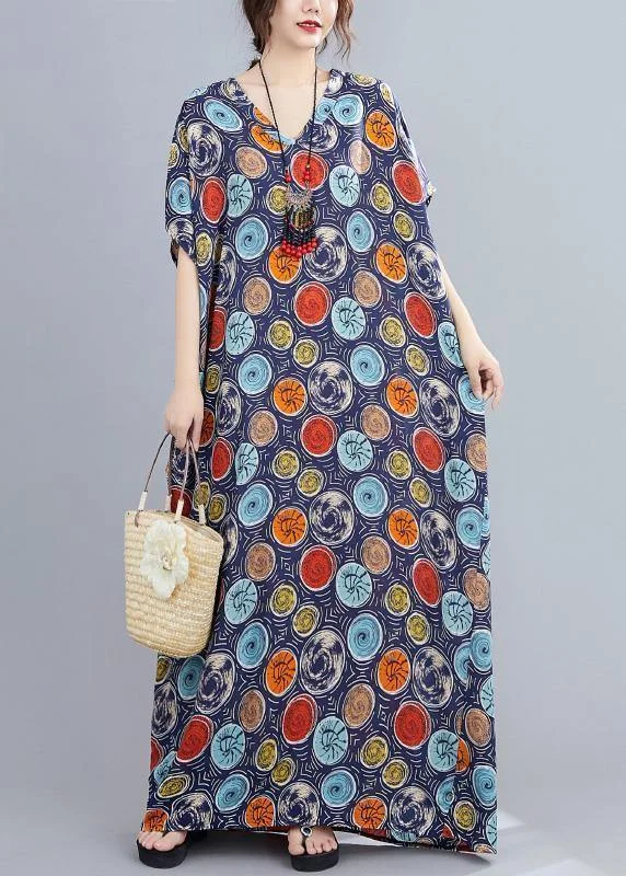 Special Buy sleek dressItalian v neck Batwing Sleeve blue dotted Maxi Dresses