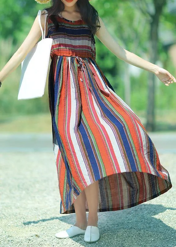 Seasonal Clearance romantic dressModern multicolor striped linen dress o neck drawstring A Line summer Dresses