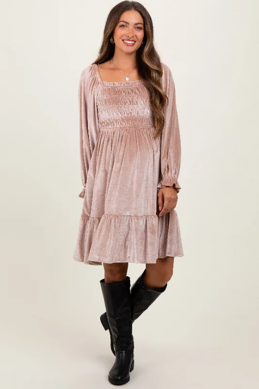 Act Now tiered dressLight Taupe Velvet Smocked Long Sleeve Maternity Dress