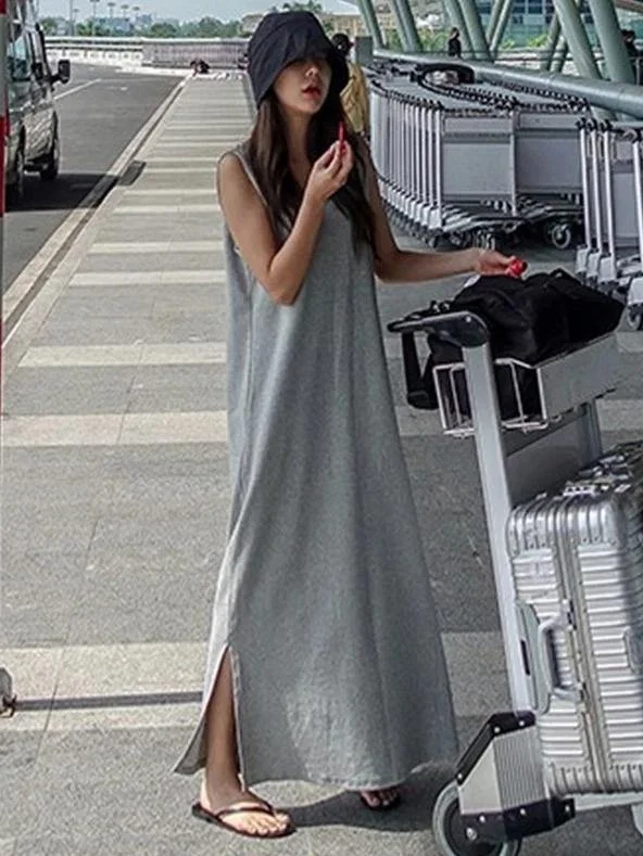 Stock Clearance comfy maxi dressBeautiful sleeveless side open cotton summer Tunics gray Maxi Dress