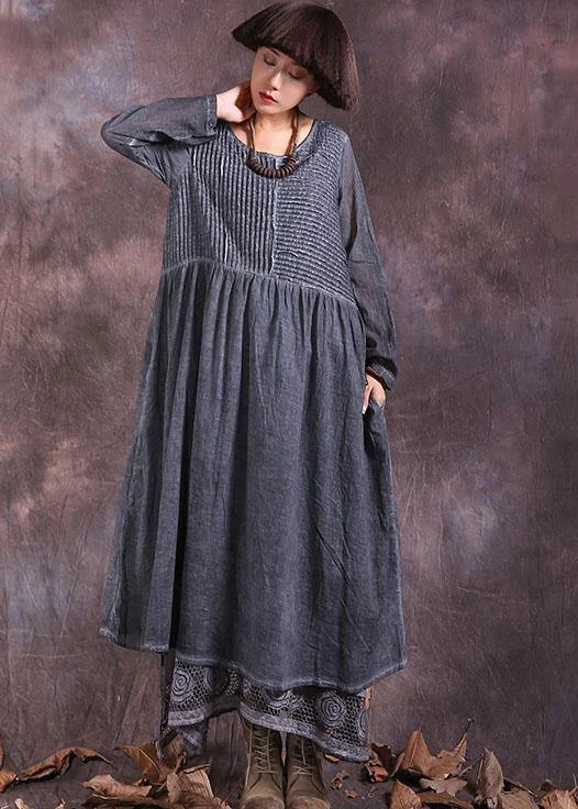 Savings Alert structured dressBeautiful gray long sleeve linen cotton clothes For Women Cinched long summer Dresses