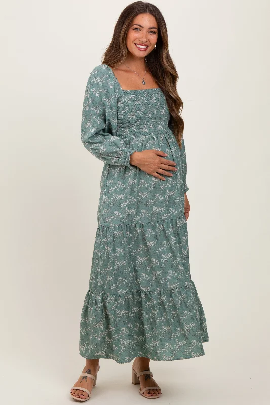 Early Access off-shoulder dressLight Olive Floral Smocked Square Neck Maternity Maxi Dress