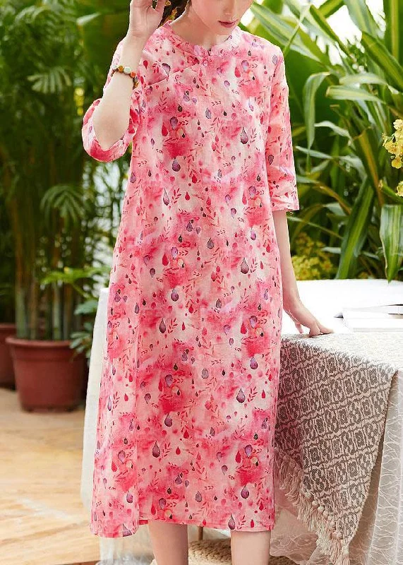 Don’t Miss Out off-the-shoulder dressFrench red print linen Wardrobes stand collar patchwork Robe summer Dresses
