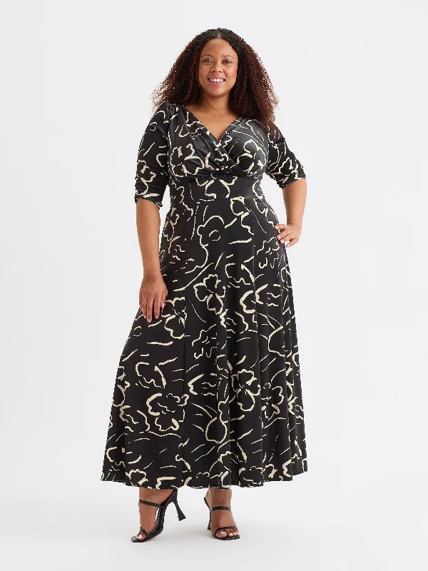Now or Never office dressVerity Velvet Black Ivory Print Maxi Gown