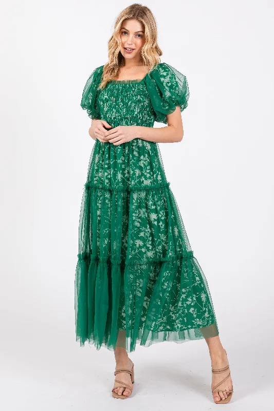 Super Sale cocktail party dressForest Green Floral Lined Smocked Tulle Midi Dress