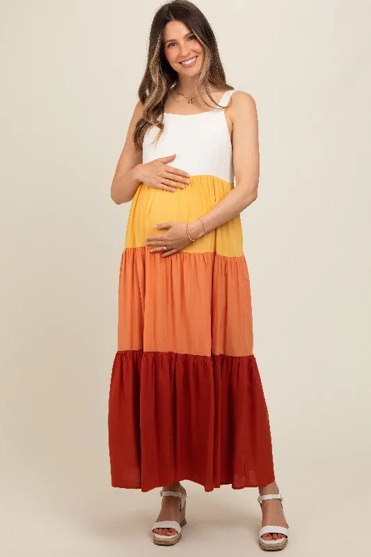 Epic Deals comfy dressOrange Tiered Colorblock Maternity Maxi Dress