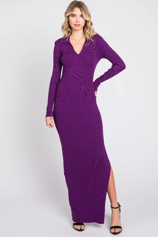Price Meltdown v-neck dressPurple Rib Knit Collared Maxi Dress
