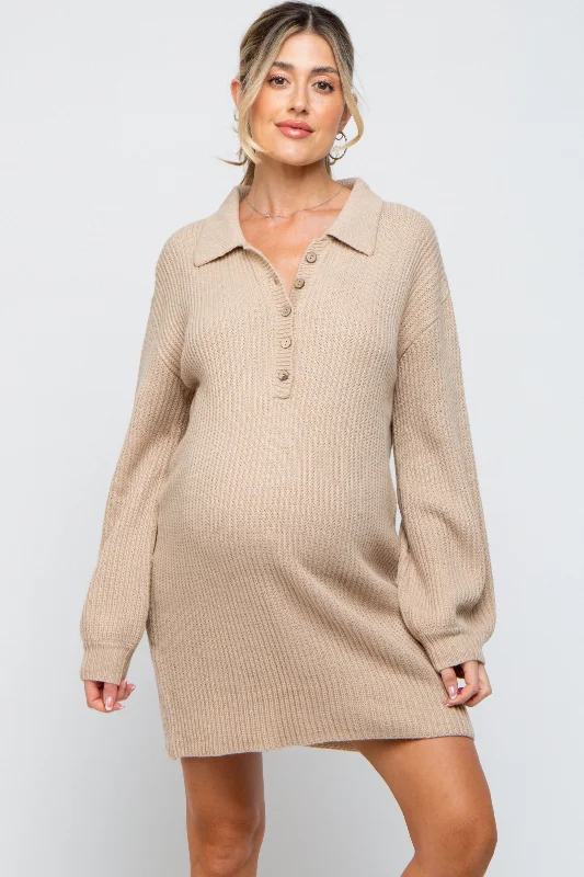 Deal Dash draped dressBeige Collared Button Front Maternity Sweater Dress