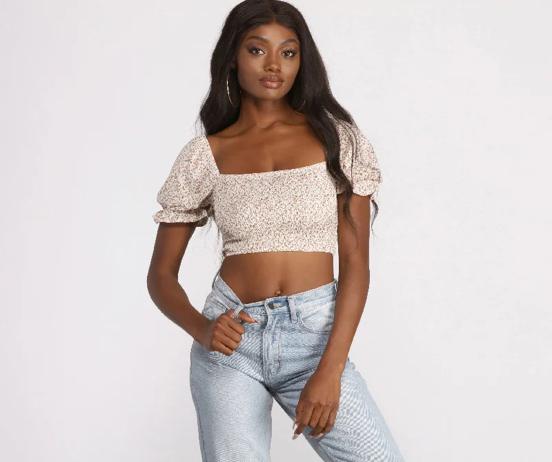 Discount Deals Cropped Floral Ditsy Puff Sleeve Top