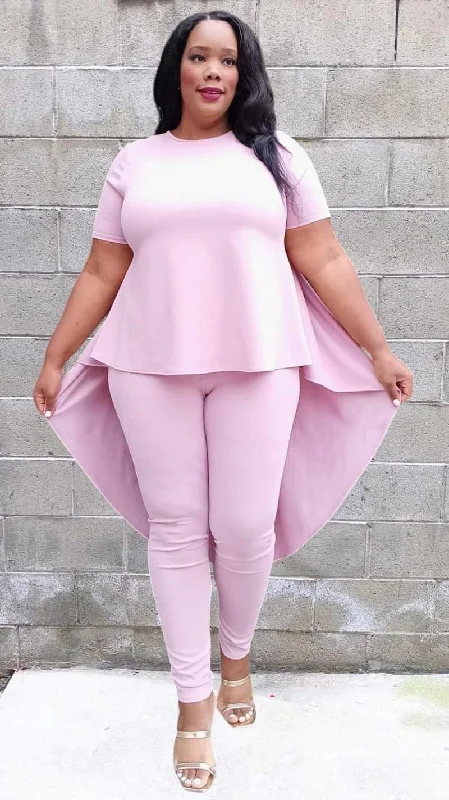 Warehouse Sale Plus Size Round Neck Short Sleeve Back pleated Top and Pants Set