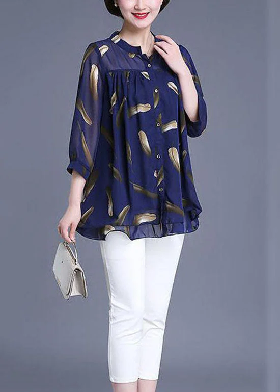 Today’s Deal Plus Size Navy Print Wrinkled Patchwork Chiffon Blouse Tops Summer TQ1007