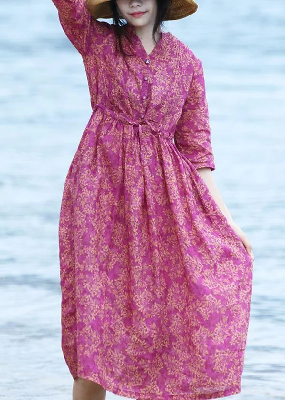 Quick Sale vintage dressNatural v neck linen tie waist Wardrobes Shirts purple Dress
