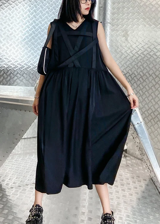 Daily Specials off-shoulder dressFrench Black V Neck Wrinkled Streetwear Dress Sleeveless
