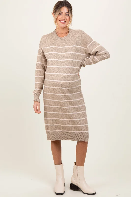 Best Deals lace-up dressBeige Striped Maternity Midi Sweater Dress